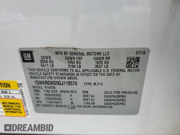 2016 Chevrolet Traverse LT with VIN 1GNKRGKD0GJ118570, listed as a Copart auction lot 50697755 with 121,181 mi miles and Salvage title. Bid and sale history available at DreamBid. Image 15.