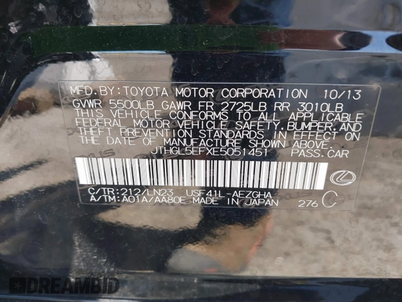 2014 Lexus LS 460 L с VIN JTHGL5EFXE5051451, выставлен на аукционе IAAI как лот 42043182 с пробегом 106 409 миль миль и . История ставок и продаж доступна на DreamBid. Изображение 9.