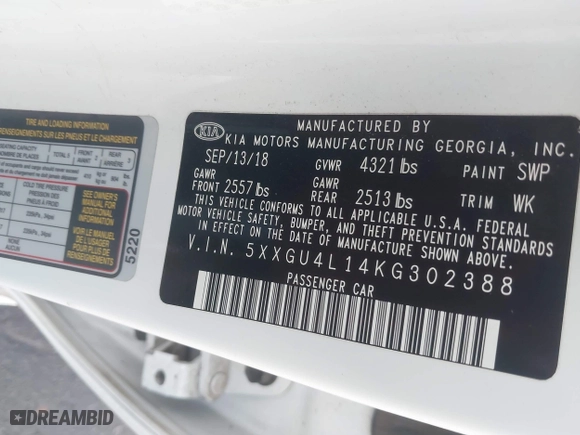 2019 Kia Optima EX with VIN 5XXGU4L14KG302388, listed as a IAAI auction lot 40636313 with 135,095 mi miles. Bid and sale history available at carsss.com. Image 9.