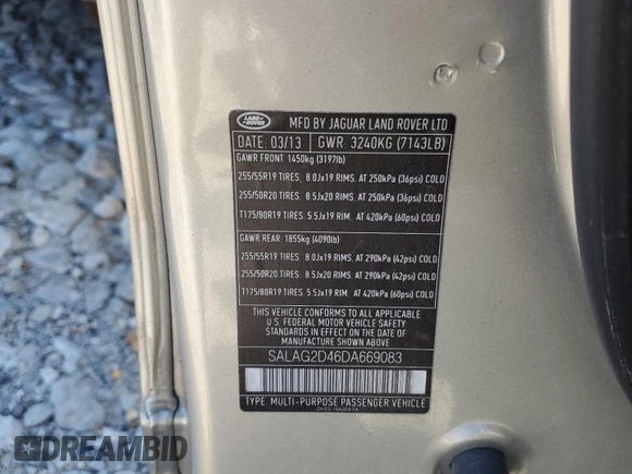 2013 Land Rover LR4 HSE с VIN SALAG2D46DA669083, выставлен на аукционе Copart как лот 60766644 с пробегом Не указан миль и Списание • Salvage title. История ставок и продаж доступна на DreamBid. Изображение 12.