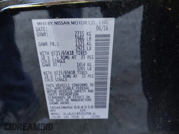 2016 Nissan Pathfinder S with VIN 5N1AR2MN4GC664558, listed as a IAAI auction lot 41310709 with 120,121 mi miles and . Bid and sale history available at DreamBid. Image 9.