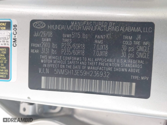 2009 Hyundai Santa Fe SE with VIN 5NMSH13E59H236932, listed as a IAAI auction lot 41846012 with 227,118 mi miles. Bid and sale history available at carsss.com. Image 9.