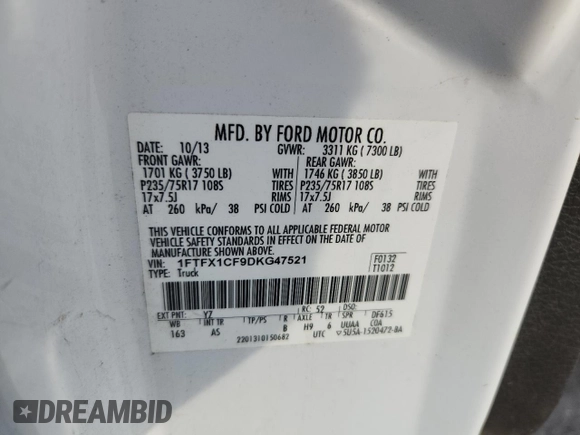 2013 Ford F-150 XL с VIN 1FTFX1CF9DKG47521, выставлен на аукционе Copart как лот 60262495 с пробегом 300 728 миль миль и Списание • Salvage title. История ставок и продаж доступна на DreamBid. Изображение 13.