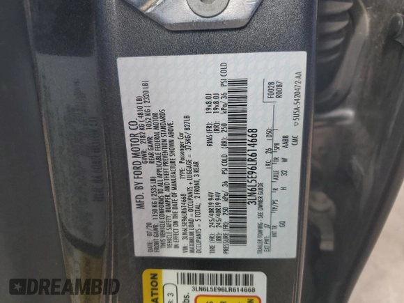 2020 Lincoln MKZ Reserve z VIN 3LN6L5E96LR614668, wystawiony jako Copart lot #54226605 z przebiegiem 83 083 mil mil oraz Szkoda całkowita • Salvage title. Historia ofert i sprzedaży dostępna na DreamBid. Obrazek 12.