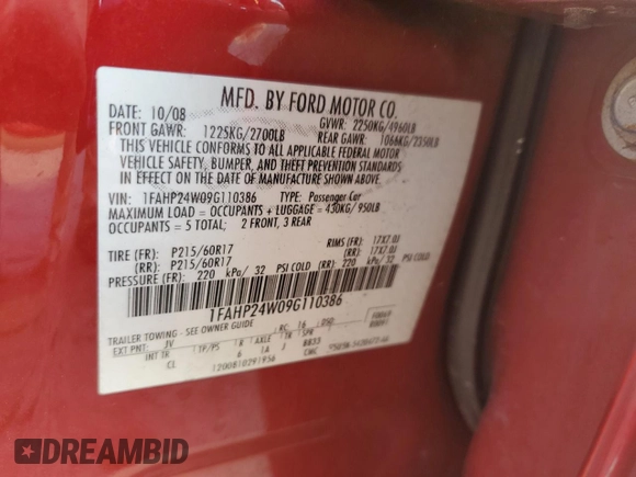 2009 Ford Taurus SEL with VIN 1FAHP24W09G110386, listed as a Copart auction lot 77953694 with 105,869 mi miles and Salvage Title. Bid and sale history available at carsss.com. Image 13.