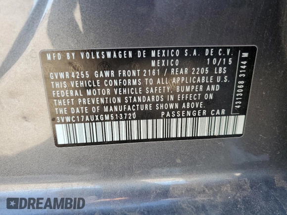 2016 Volkswagen Golf SportWagen TSI S with VIN 3VWC17AUXGM513720, listed as a Copart auction lot 86509294 with 95,672 mi miles and Salvage Title. Bid and sale history available at carsss.com. Image 12.