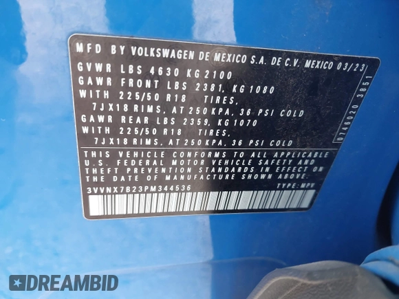 2023 Volkswagen Taos SE z VIN 3VVNX7B23PM344536, wystawiony jako IAAI lot #41069761 z przebiegiem 23 911 mil mil oraz . Historia ofert i sprzedaży dostępna na DreamBid. Obrazek 9.