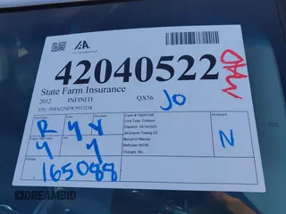 2012 Infiniti QX56 7-passenger with VIN JN8AZ2NF9C9517238, listed as a IAAI auction lot 42040522 with 165,088 mi miles. Bid and sale history available at carsss.com. Image 18.