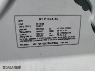 2022 Tesla Model Y Long Range with VIN 7SAYGDEE0NA020896, listed as a Copart auction lot 52780555 with 10,117 mi miles and Salvage Title. Bid and sale history available at carsss.com. Image 14.