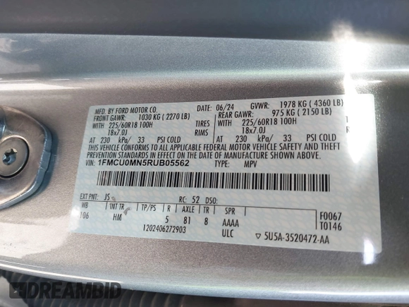 2024 Ford Escape ST-Line with VIN 1FMCU0MN5RUB05562, listed as a IAAI auction lot 41667538 with 59 mi miles and . Bid and sale history available at DreamBid. Image 9.