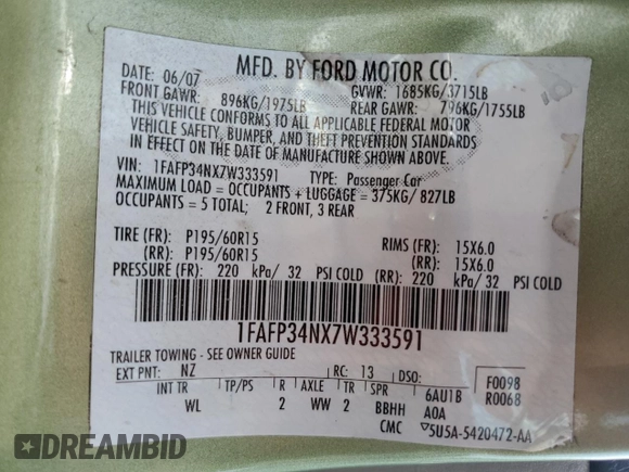 2007 Ford Focus S с VIN 1FAFP34NX7W333591, выставлен на аукционе Copart как лот 59693235 с пробегом 225 632 миль миль и Списание • Salvage title. История ставок и продаж доступна на DreamBid. Изображение 12.