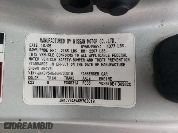 2006 Infiniti G35 Coupe with VIN JNKCV54E46M703019, listed as a Copart auction lot 72398064 with 0 mi miles and Salvage Title. Bid and sale history available at carsss.com. Image 13.