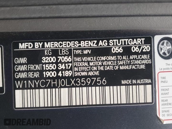 2020 Mercedes-Benz G 63 AMG with VIN W1NYC7HJ0LX359756, listed as a Copart auction lot 39302694 with Not Provided miles and . Bid and sale history available at DreamBid. Image 12.
