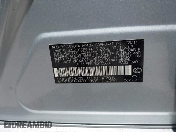 2011 Lexus LS 460 with VIN JTHBL5EF4B5105882, listed as a IAAI auction lot 42722489 with 178,042 mi miles and . Bid and sale history available at DreamBid. Image 9.