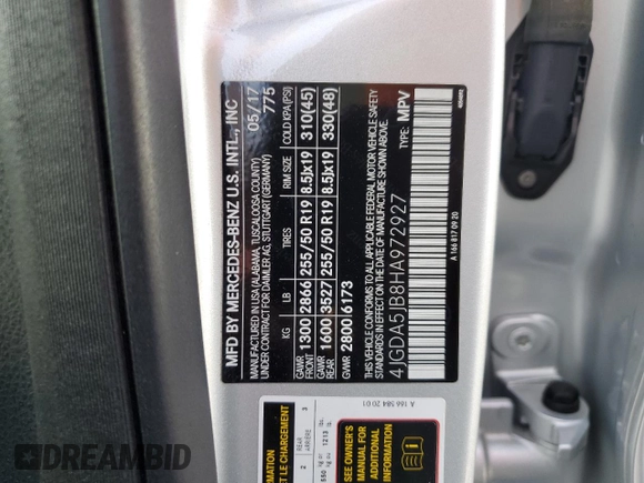 2017 Mercedes-Benz GLE 350 with VIN 4JGDA5JB8HA972927, listed as a Copart auction lot 61442225 with 46,473 mi miles and Salvage title. Bid and sale history available at DreamBid. Image 13.