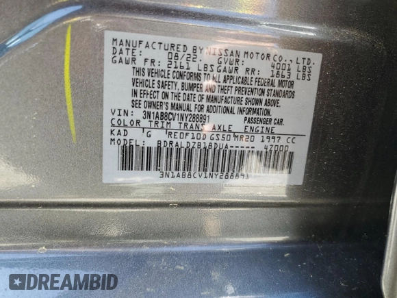 2022 Nissan Sentra SV with VIN 3N1AB8CV1NY288891, listed as a Copart auction lot 49887585 with 24,029 mi miles and Salvage Title. Bid and sale history available at carsss.com. Image 12.