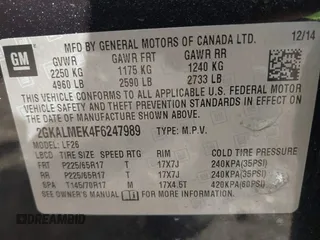 2015 GMC Terrain SLE z VIN 2GKALMEK4F6247989, wystawiony jako IAAI lot #41474488 z przebiegiem 130 405 mil mil oraz . Historia ofert i sprzedaży dostępna na DreamBid. Obrazek 9.