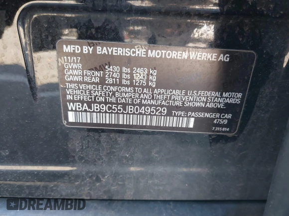 2018 BMW 5 Series M550i xDrive with VIN WBAJB9C55JB049529, listed as a IAAI auction lot 41241917 with 116,265 mi miles and . Bid and sale history available at carsss.com. Image 9.