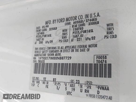 1999 Ford F-150 with VIN 1FTRX17W8XNB87729, listed as a IAAI auction lot 42730244 with Not provided miles and . Bid and sale history available at DreamBid. Image 9.