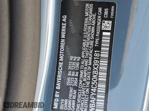 2019 BMW 8 Series M850i xDrive with VIN WBAFY4C50KBX39181, listed as a Copart auction lot 43533615 with Not provided miles and Salvage title. Bid and sale history available at DreamBid. Image 12.