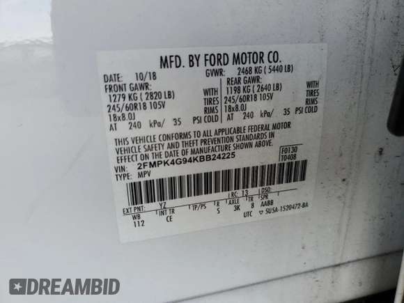 2019 Ford Edge SE z VIN 2FMPK4G94KBB24225, wystawiony jako Copart lot #61424715 z przebiegiem 73 324 mil mil oraz Szkoda całkowita • Salvage title. Historia ofert i sprzedaży dostępna na DreamBid. Obrazek 12.