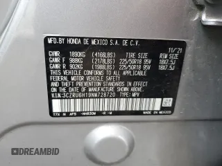 2022 Honda HR-V Sport with VIN 3CZRU6H19NM728720, listed as a Copart auction lot 67907813 with 21,889 mi miles and Salvage Title. Bid and sale history available at carsss.com. Image 14.