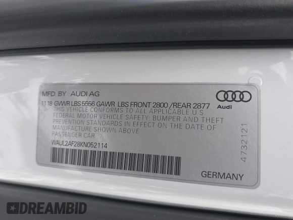 2019 Audi A6 Premium Plus with VIN WAUL2AF28KN052114, listed as a IAAI auction lot 41532304 with 29,252 mi miles. Bid and sale history available at carsss.com. Image 9.