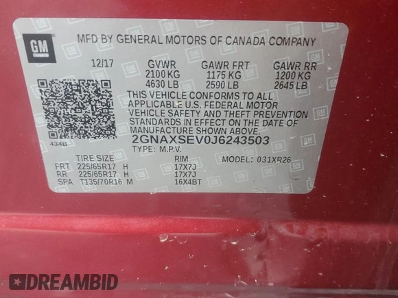 2018 Chevrolet Equinox LT z VIN 2GNAXSEV0J6243503, wystawiony jako Copart lot #58794125 z przebiegiem 43 562 mil mil oraz Szkoda całkowita • Salvage title. Historia ofert i sprzedaży dostępna na DreamBid. Obrazek 13.