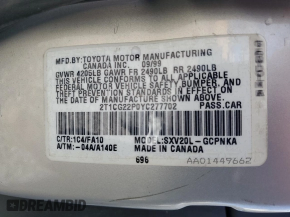 2000 Toyota Solara SE with VIN 2T1CG22P0YC277702, listed as a Copart auction lot 47311565 with 371,789 mi miles and Salvage Title. Bid and sale history available at carsss.com. Image 14.