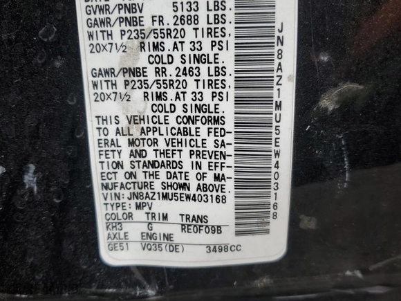 2014 Nissan Murano SV with VIN JN8AZ1MU5EW403168, listed as a Copart auction lot 86617504 with 111,264 mi miles and Salvage Title. Bid and sale history available at carsss.com. Image 12.