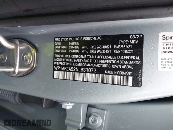 2022 Porsche Macan Turbo with VIN WP1AF2A52NLB31072, listed as a IAAI auction lot 41444252 with 38,595 mi miles and . Bid and sale history available at DreamBid. Image 9.