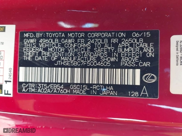2015 Lexus RC 350 with VIN JTHSE5BC7F5004605, listed as a IAAI auction lot 41730394 with 68,713 mi miles. Bid and sale history available at carsss.com. Image 9.