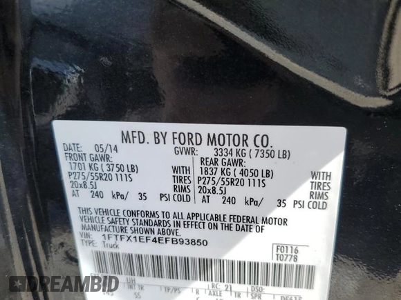 2014 Ford F-150 XL with VIN 1FTFX1EF4EFB93850, listed as a Copart auction lot 62783325 with 93,069 mi miles and Clean title. Bid and sale history available at DreamBid. Image 13.