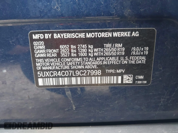 2020 BMW X5 sDrive40i with VIN 5UXCR4C07L9C27998, listed as a IAAI auction lot 41652088 with 59,009 mi miles and . Bid and sale history available at DreamBid. Image 9.