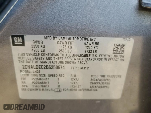 2011 Chevrolet Equinox LT w/1LT with VIN 2CNALDEC2B6250674, listed as a Copart auction lot 54737995 with 67,139 mi miles and Clean Title. Bid and sale history available at carsss.com. Image 13.