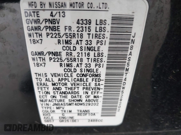 2013 Nissan Rogue S with VIN JN8AS5MT4DW529202, listed as a IAAI auction lot 42057957 with 126,152 mi miles and . Bid and sale history available at DreamBid. Image 9.
