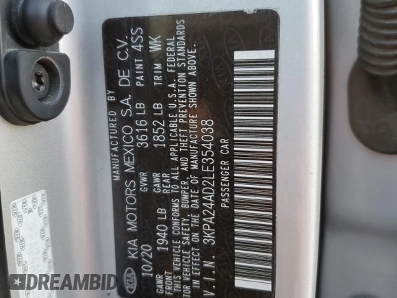 2020 Kia Rio LX with VIN 3KPA24AD2LE354038, listed as a Copart auction lot 42324825 with Not Provided miles and Salvage Title. Bid and sale history available at DreamBid. Image 12.