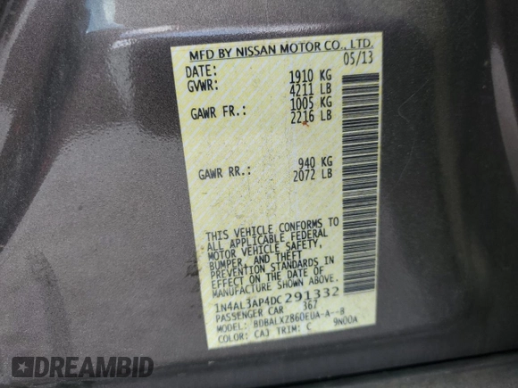 2013 Nissan Altima SL z VIN 1N4AL3AP4DC291332, wystawiony jako Copart lot #51685545 z przebiegiem Nie podano mil oraz Szkoda całkowita • Salvage title. Historia ofert i sprzedaży dostępna na DreamBid. Obrazek 13.