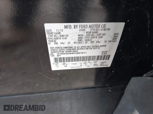 2013 Ford Explorer XLT with VIN 1FM5K8D84DGB67811, listed as a IAAI auction lot 41997626 with 108,596 mi miles and . Bid and sale history available at DreamBid. Image 10.