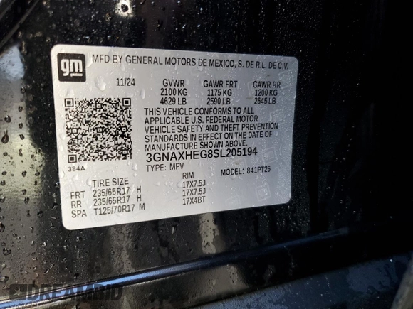 2025 Chevrolet Equinox FWD LT with VIN 3GNAXHEG8SL205194, listed as a Copart auction lot 54357695 with 9,396 mi miles and Clean Title. Bid and sale history available at DreamBid. Image 13.