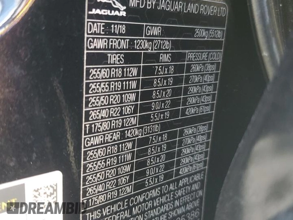 2019 Jaguar F-Pace S with VIN SADCM2FV1KA395386, listed as a Copart auction lot 54336645 with 43,020 mi miles and Salvage Title. Bid and sale history available at DreamBid. Image 13.