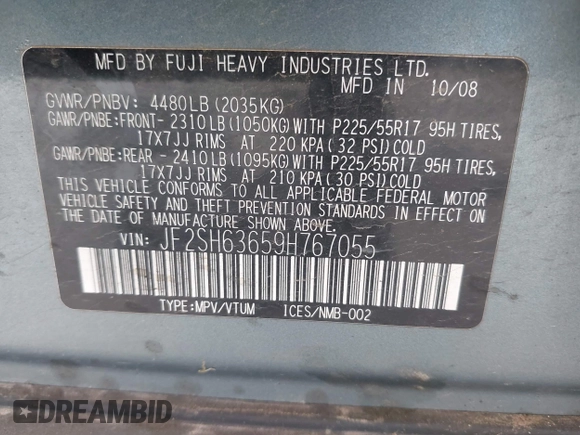 2009 Subaru Forester X с VIN JF2SH63659H767055, выставлен на аукционе IAAI как лот 42116951 с пробегом 156 136 миль миль и . История ставок и продаж доступна на DreamBid. Изображение 9.