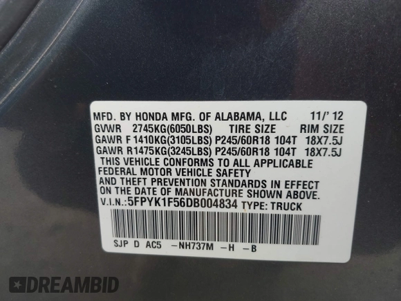 2013 Honda Ridgeline RTL with VIN 5FPYK1F56DB004834, listed as a IAAI auction lot 42706361 with 230,000 mi miles and . Bid and sale history available at DreamBid. Image 9.