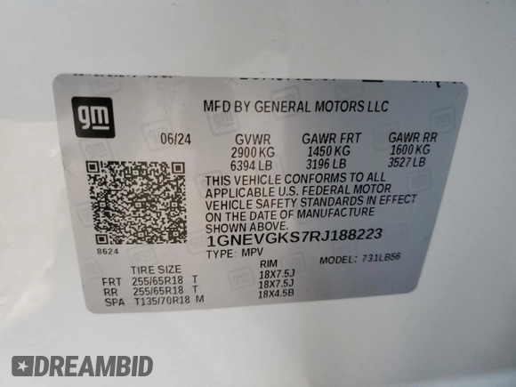 2024 Chevrolet Traverse AWD LT with VIN 1GNEVGKS7RJ188223, listed as a Copart auction lot 41987405 with 6,434 mi miles and Non Repairable. Bid and sale history available at carsss.com. Image 14.