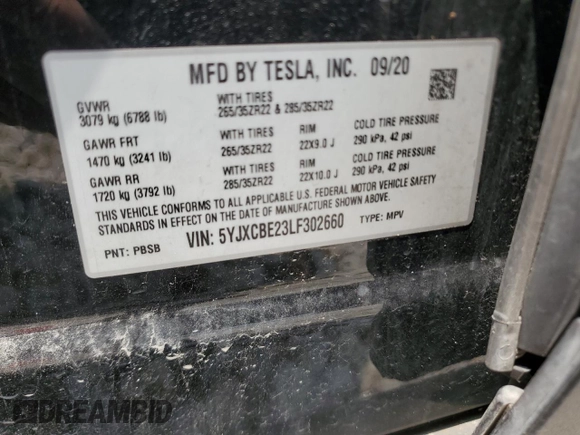2020 Tesla Model X Long Range with VIN 5YJXCBE23LF302660, listed as a Copart auction lot 54181524 with 46,537 mi miles and Salvage Title. Bid and sale history available at DreamBid. Image 13.