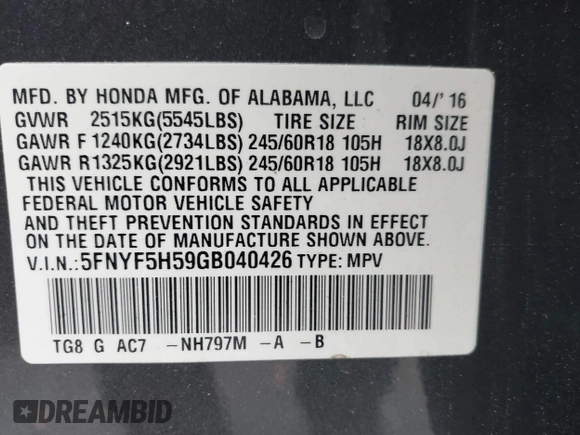 2016 Honda Pilot EX-L z VIN 5FNYF5H59GB040426, wystawiony jako IAAI lot #42170665 z przebiegiem 69 569 mil mil oraz . Historia ofert i sprzedaży dostępna na DreamBid. Obrazek 9.