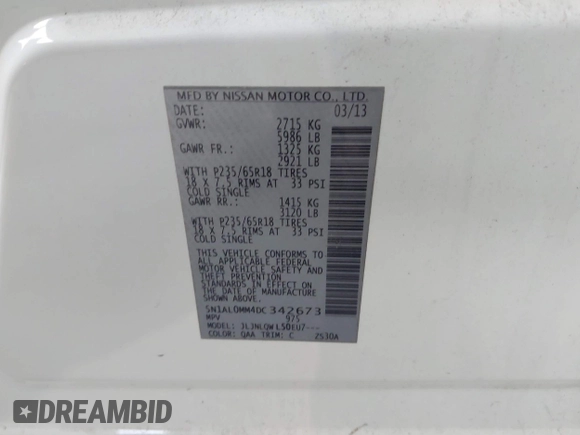 2013 Infiniti JX35 with VIN 5N1AL0MM4DC342673, listed as a IAAI auction lot 41813025 with 125,982 mi miles and . Bid and sale history available at DreamBid. Image 9.
