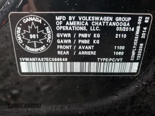 2014 Volkswagen Passat with VIN 1VWAN7A37EC086546, listed as a Copart auction lot 57513595 with 201,309 mi miles and Clean title. Bid and sale history available at DreamBid. Image 12.