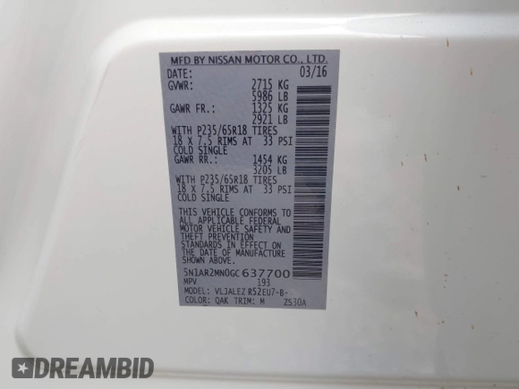 2016 Nissan Pathfinder S with VIN 5N1AR2MN0GC637700, listed as a IAAI auction lot 41899423 with Not provided miles and . Bid and sale history available at DreamBid. Image 9.