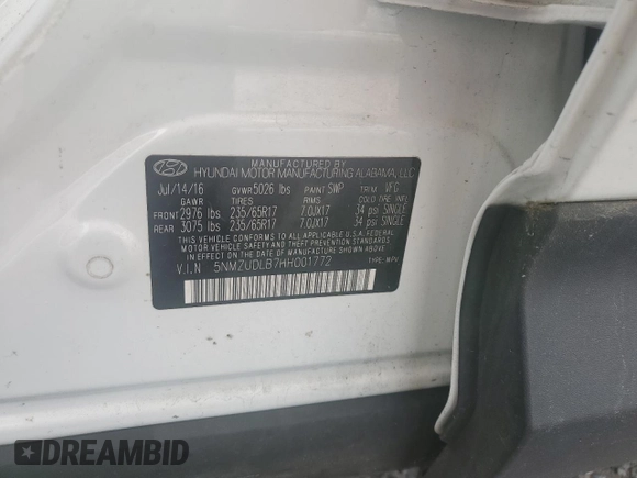 2017 Hyundai Santa Fe 2.4L with VIN 5NMZUDLB7HH001772, listed as a Copart auction lot 54573715 with 94,118 mi miles and Salvage title. Bid and sale history available at DreamBid. Image 13.